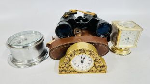 A REVOLVING CLOCK WITH COMPASS TOP, HYGROMETER, BAROMETER AND THERMOMETER, GILT MANTEL CLOCK,