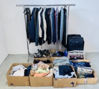 9 X BOXES OF ASSORTED GENTS CLOTHING TO INCLUDE MARKS & SPENCER SUITS, JUMPERS, COATS, SHIRTS,