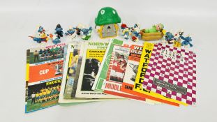 SMALL GROUP OF VINTAGE SMURF COLLECTIBLES + SMALL COLLECTION NORWICH CITY FOOTBALL PROGRAMMES.