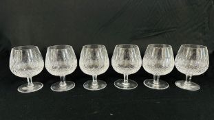 A SET OF 6 WATERFORD CRYSTAL COLLEEN PATTERN BRANDY BALLOON GLASSES, H 13CM.