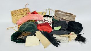 A COLLECTION OF VINTAGE LADIES CLOTHING TO INCLUDE HATS, BAGS AND GLOVES ETC.