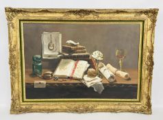 DEBORAH JONES (BRITISH 1912 - 2012): GILT FRAMED OIL ON CANVAS DEPICTING A STILL LIFE SCENE OF