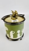 WEDGWOOD SAGE GREEN SILVER PLATED BISCUIT BARREL WITH EAGLE MOTIF LID, HEIGHT 19.5CM.