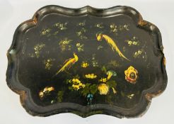A LARGE VINTAGE PAPER MACHE LACQUERED TRAY, HAND PAINTED WITH COLOURFUL BIRDS AND FLOWERS A/F,