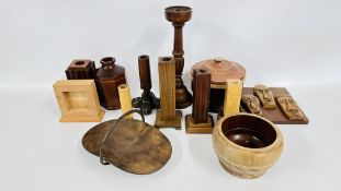 BOX CONTAINING COLLECTION OF CARVED WOODEN ITEMS TO INCLUDE POTS, TRUG, MASKS, BOWLS ETC.