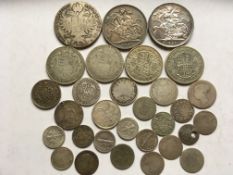 COINS: TUB OF MAINLY SILVER TO INCLUDE ENGLISH CROWNS 1887, 1889, MARIA THERESA THALER ETC.