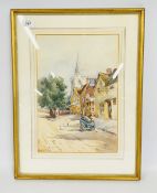 A FRAMED AND MOUNTED WATERCOLOUR DEPICTING A CHOBHAM STREET SCENE BEARING MONOGRAM HB DATED 1899,