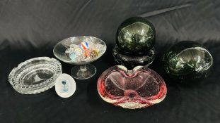 TWO ART GLASS ASHTRAYS + ONE OTHER,