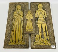 3 REPRODUCTION MEDALLIC STYLE BRASS RUBBINGS, THE TWO LARGER EACH H 56CM X W 24.5CM.