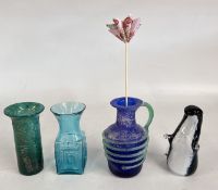 A WEDGWOOD ART GLASS PAPERWEIGHT + 3 VASES TO INCLUDE DARTINGTON AND ISLAND STUDIO EXAMPLES.
