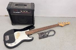 AN ENCORE ELECTRIC BASE GUITAR WITH LANEY SESSION AMP AND LEAD - SOLD AS SEEN.