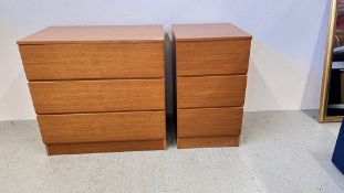 A VINTAGE TEAK FINISH 3 DRAWER CHEST, W 75CM + TEAK FINISH 3 DRAWER CHEST, W 41CM.
