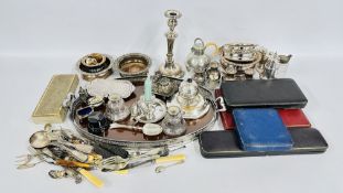 TWO BOXES OF ASSORTED PLATED WARE TO INCLUDE COASTERS, CASED CUTLERY, PEPPER POTS,