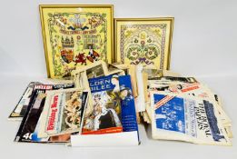 A QUANTITY OF MAINLY VINTAGE ROYALTY RELATED EPHEMERA + TWO FRAMED NEEDLEWORK PICTURES.