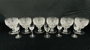 A SET OF 6 VINTAGE HOBNAIL GLASS CHAMPAGNE RUMMERS (3 A/F) + A SET OF 4 MOSER STYLE GLASSES + ONE