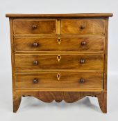 ANTIQUE MAHOGANY AND INLAID APPRENTICE CHEST, W 41CM X D 17CM X H 42CM.