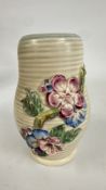 A CLARICE CLIFF FOR NEWPORT POTTERIES VASE, RIBBED IN THE MY GARDEN PATTERN NO. 899, H 15.5CM.