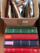 STAMPS: TWO BOXES VARIOUS IN ALBUMS, FOLDERS AND LOOSE, FIVE EMPTY STOCKBOOKS ETC.