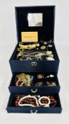 A JEWELLERY BOX AND CONTENTS TO INCLUDE BEADED NECKLACES, WATCH FACES,