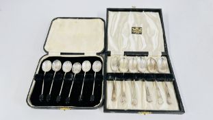 A CASED SET OF 6 SILVER COFFEE BEAN SPOONS SHEFFIELD 1948 MAKER CB & S (NOT ORIGINAL BOX) + A