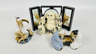 A GROUP OF MODERN JAPANESE FIGURES IN GROUPS + A JAPANESE CARVED FOLDING TABLE SCREEN ALONG WITH A