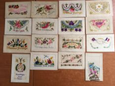POSTCARDS: WW1 EMBROIDERED SILKS, TYPICAL DESIGNS, MIXED CONDITION. (16).