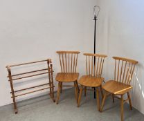 PINE TOWEL HORSE, THREE BEECHWOOD CHAIRS AND METAL CRAFT STANDARD LAMP (CABLE REMOVED).