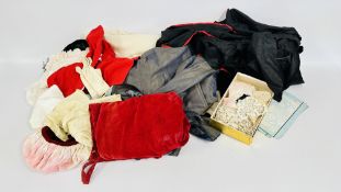 A BOX CONTAINING VICTORIAN AND LATER COSTUME CLOTHING TO INCLUDE RED VELVET PANTALOONS,