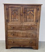 OAK 3 DRAWER CHEST WITH 2 DOOR CUPBOARD ABOVE, W 88CM.
