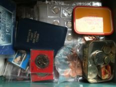 COINS: OLD CASH TIN WITH MIXED LOOSE COINS, CROWNS WITH MODERN £5 (3), 1970 AND 1971 PROOF SETS,