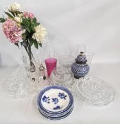 A PAIR OF BLUE AND WHITE WILLOW PATTERN PLATES MARKED RIDGWAYS (BASE CHIP) + TWO FURTHER EXAMPLES,