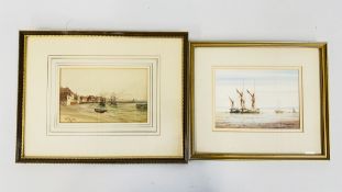 A WATERCOLOUR OF EAST COAST BARGES BY ALAN WHITEHEAD ALONG WITH A FRAMED AND MOUNTED WATERCOLOUR