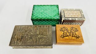 FOUR VINTAGE BOXES TO INCLUDE MALACHITE, MOTHER OF PEARL INLAY AND JAPANESE EXAMPLES.