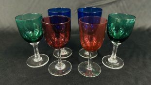 A GROUP OF 6 VINTAGE HAND CRAFTED BACCARAT STYLE COLOURED GLASS GOBLETS (1 A/F), H 13CM.