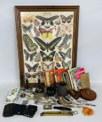 A GROUP OF COLLECTIBLES TO INCLUDE A VINTAGE PEWTER TANKARD, DECANTER LABELS,