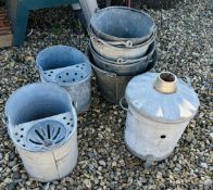 8 X GALVANISED BUCKETS + INCINERATOR.
