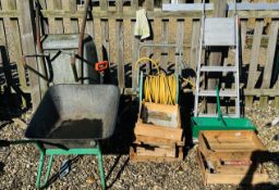 2 X GARDEN WHEELBARROWS, GARDEN HOSE ON REEL, GARDEN SPREADER,