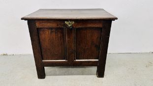 AN ANTIQUE OAK TWO PANEL COFFER MADE UP FROM A LARGER PIECE, W 76CM.