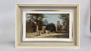 DEBORAH JONES (BRITISH 1912 - 2012) FRAMED OIL ON BOARD DEPICTING A PERIOD VILLAGE STREET SCENE,
