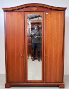 MODERN CHERRY WOOD FINISH TRIPLE WARDROBE WITH DRESSING MIRROR, W 150CM X D 62CM X H 202CM.