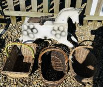 THREE VARIOUS VINTAGE WICKER BASKETS, CAST IRON 