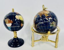 TWO SMALL GEM STONE DESK GLOBES, TALLEST 18CM.