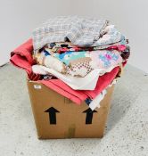 LARGE BOX CONTAINING VINTAGE TEXTILES, PATCHWORK QUILT, DAMASK CLOTH AND MATERIAL SAMPLES.