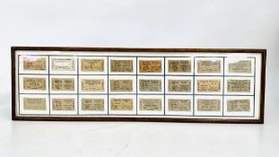 A VINTAGE DISPLAY CONTAINING 24 ASSORTED RAILWAY TICKETS OF LOCAL INTEREST, L 64 X H 18.5CM.