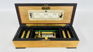 THORENS SWISS CYLINDER MUSIC BOX WITH FOUR ADDITIONAL DRUMS (MISSING INTERNAL GLASS PANEL).