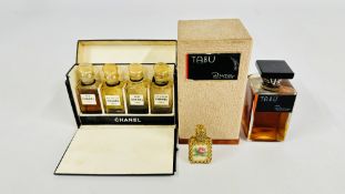 A SMALL VINTAGE BOTTLE OF TABU BY DANA PERFUME IN ORIGINAL PRESENTATION BOX + A VINTAGE SET OF 4
