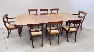 A REGENCY D END DINING TABLE ON OUTSWEPT LEGS, THE INNER LEGS SQUARE AND TAPERING,