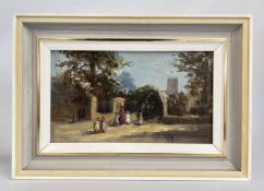 DEBORAH JONES (BRITISH 1912 - 2012) FRAMED OIL ON BOARD DEPICTING A PERIOD VILLAGE STREET SCENE,