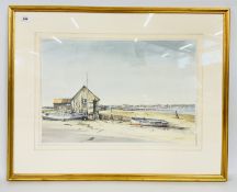 A FRAMED AND MOUNTED WATERCOLOUR DEPICTING A LOCAL WALBERSWICK COASTAL SCENE BEARING INDISTINCT