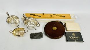 A PAIR OF GOOD QUALITY SILVER PLATED SAUCE BOATS + A GROUP OF VINTAGE DRAWING MEASURES TO INCLUDE